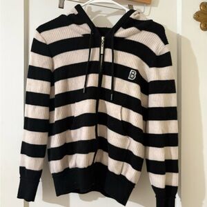 Striped Zip-Up Hoodie Sweater - Black & Cream
